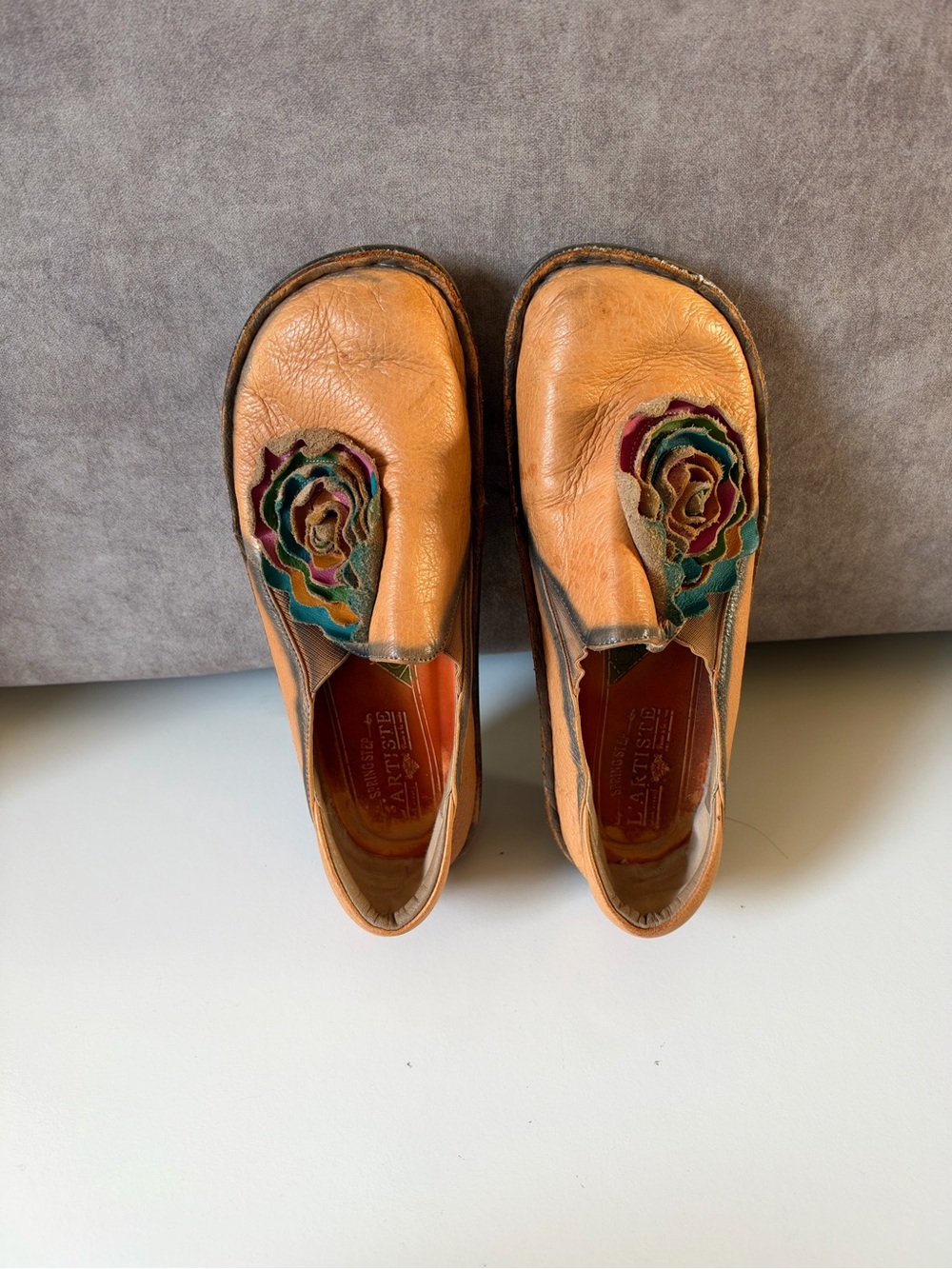 Spring Step Tan Leather Slip-Ons with Multicolor Flower